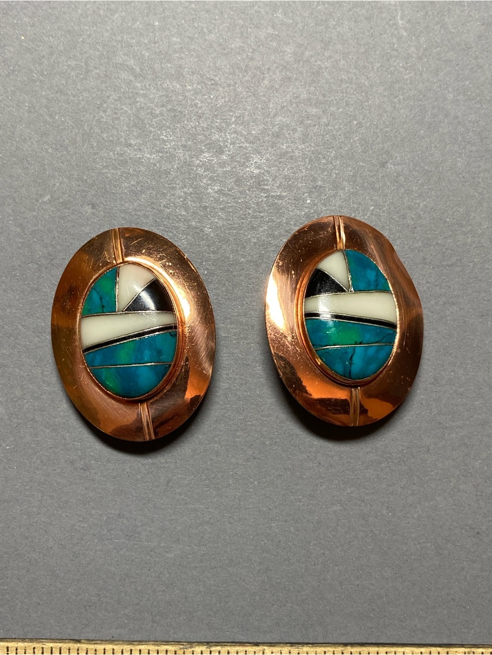 Vintage copper gemstone inlay clip earrings